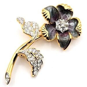 VINTAGE NOLAN‎ MILLER RHINESTONE & GRAY ENAMEL FLOWER BROOCH GOLD TONE SIGNED
